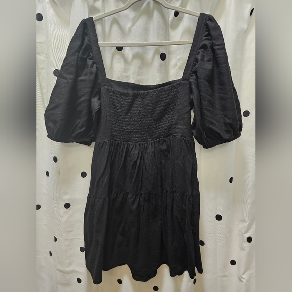 House of Harlow 1960 black smocked short puff sleeve peasant style dress large - Picture 3 of 8